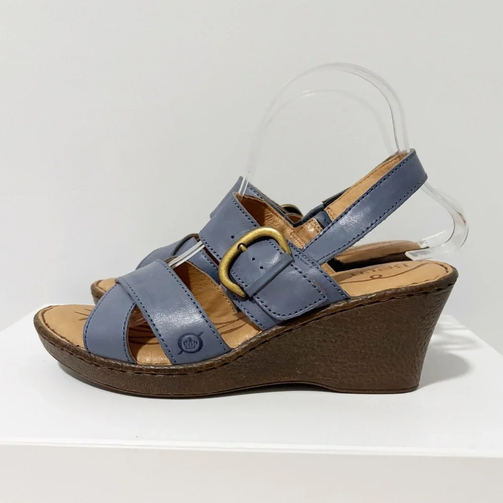 Born Slate Blue Leather Wedge Sandals